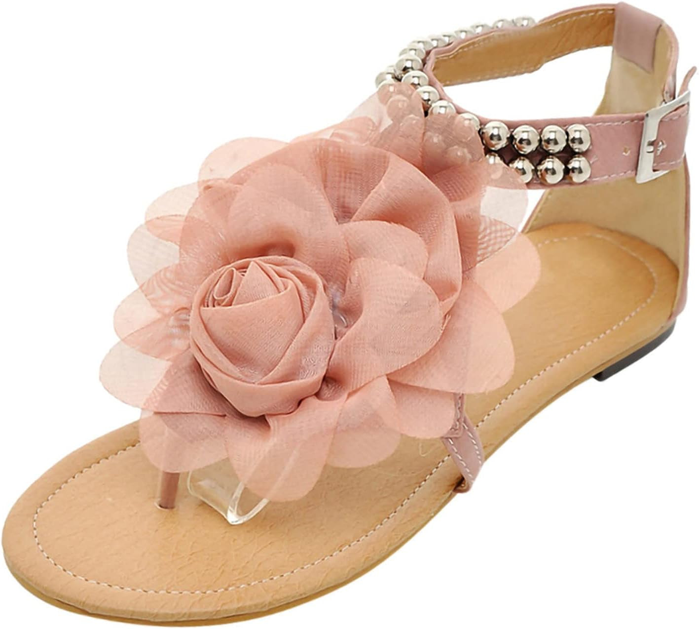 Ankle Strap Sandals for Women Fashion Flower Studded Metal Buckle Thong Flat Sandals Summer Casual Outdoor Shoes