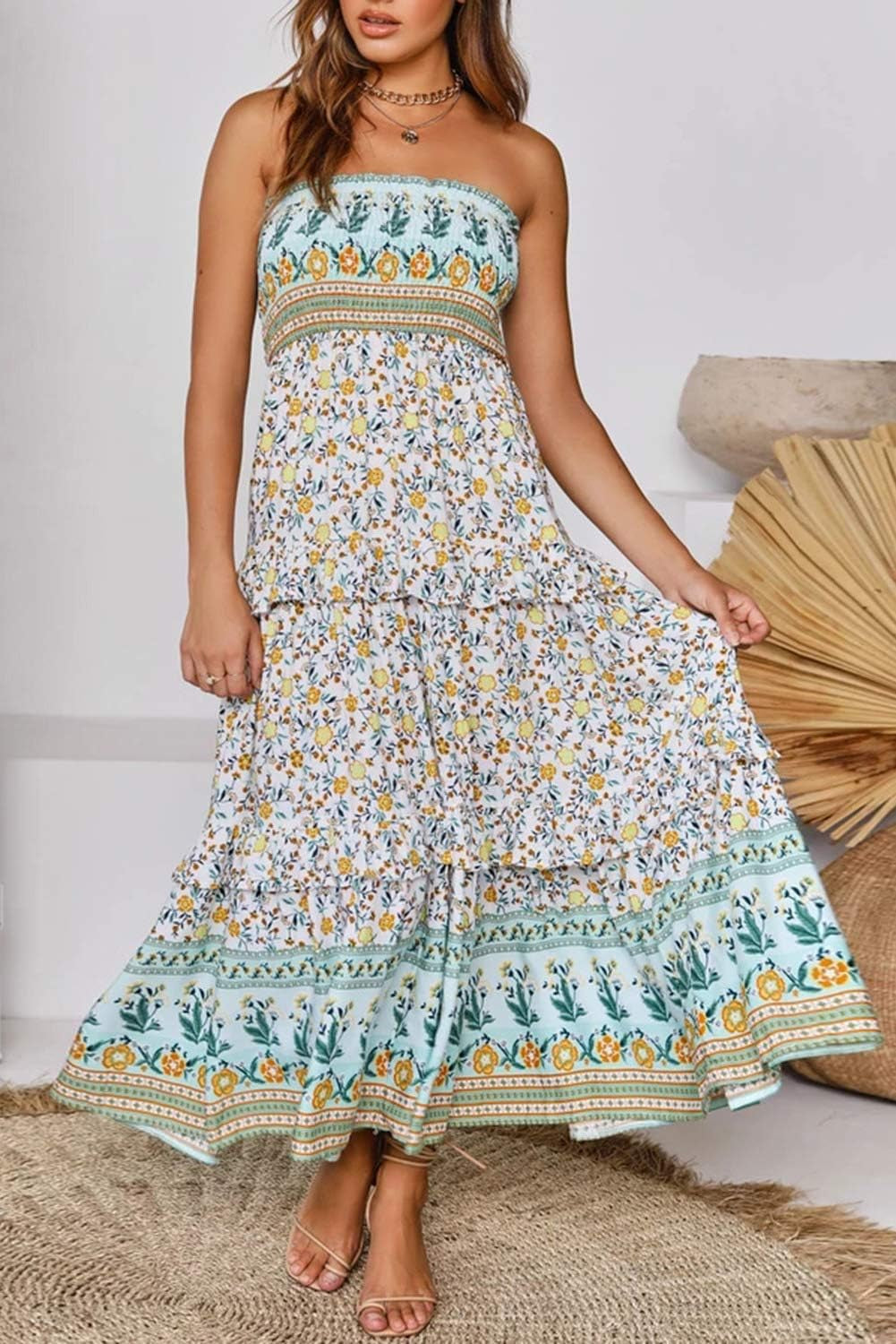 Women'S Summer Bohemian Floral Printed Strapless Beach Party Long Maxi Dress