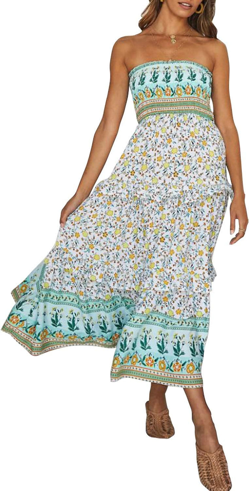 Women'S Summer Bohemian Floral Printed Strapless Beach Party Long Maxi Dress