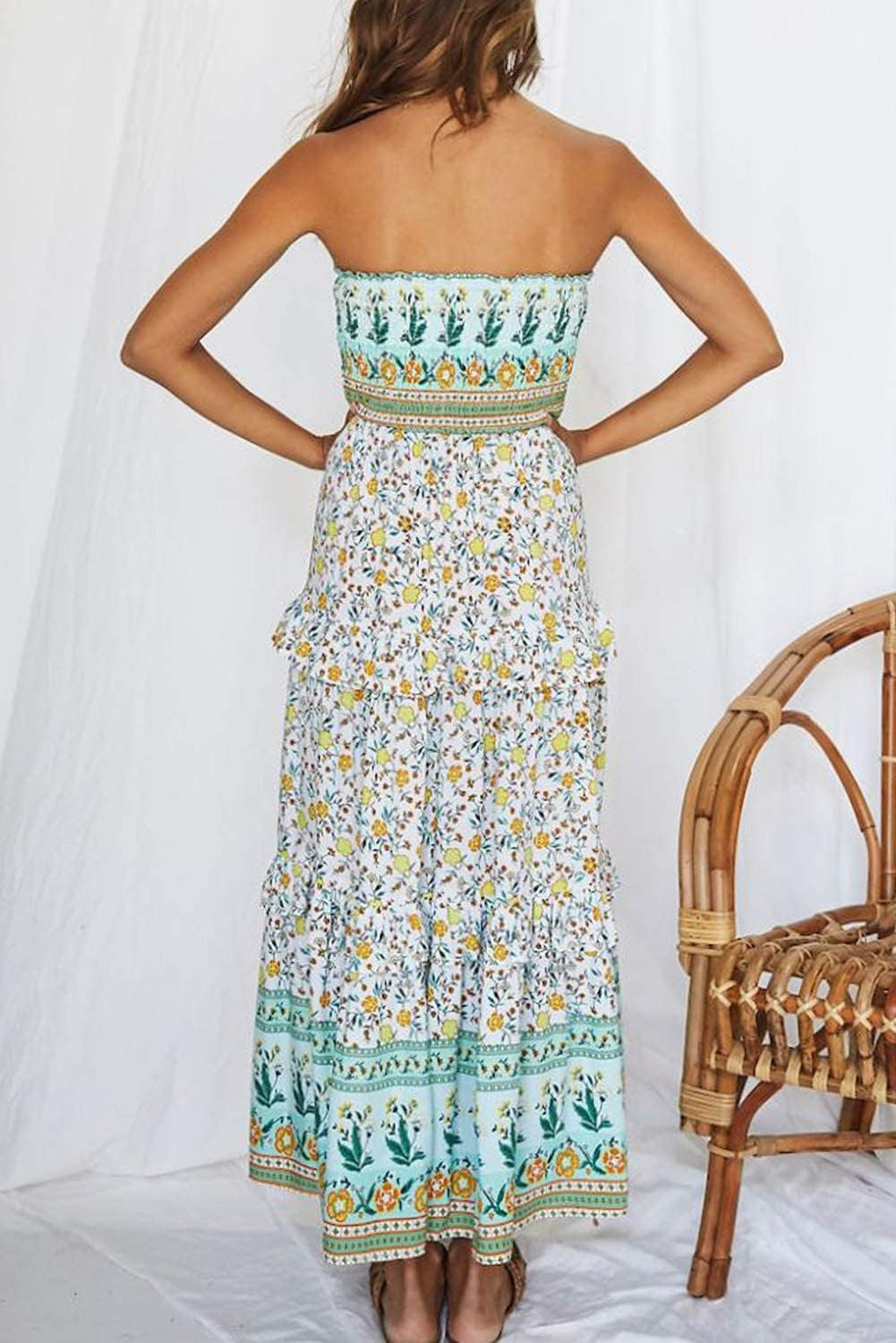 Women'S Summer Bohemian Floral Printed Strapless Beach Party Long Maxi Dress