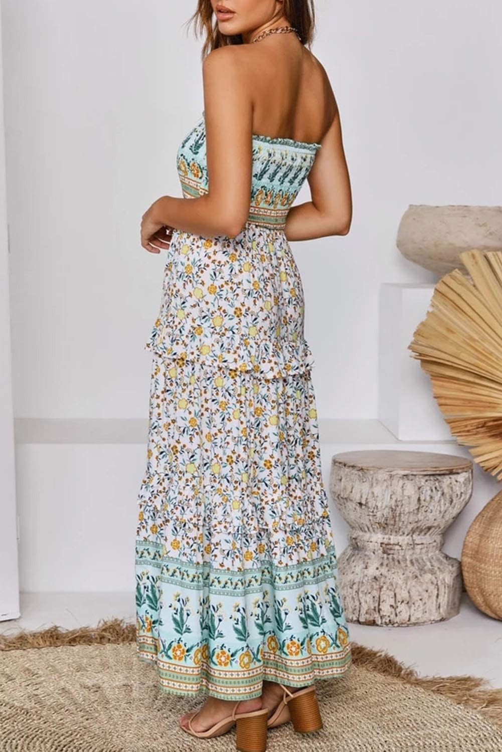 Women'S Summer Bohemian Floral Printed Strapless Beach Party Long Maxi Dress