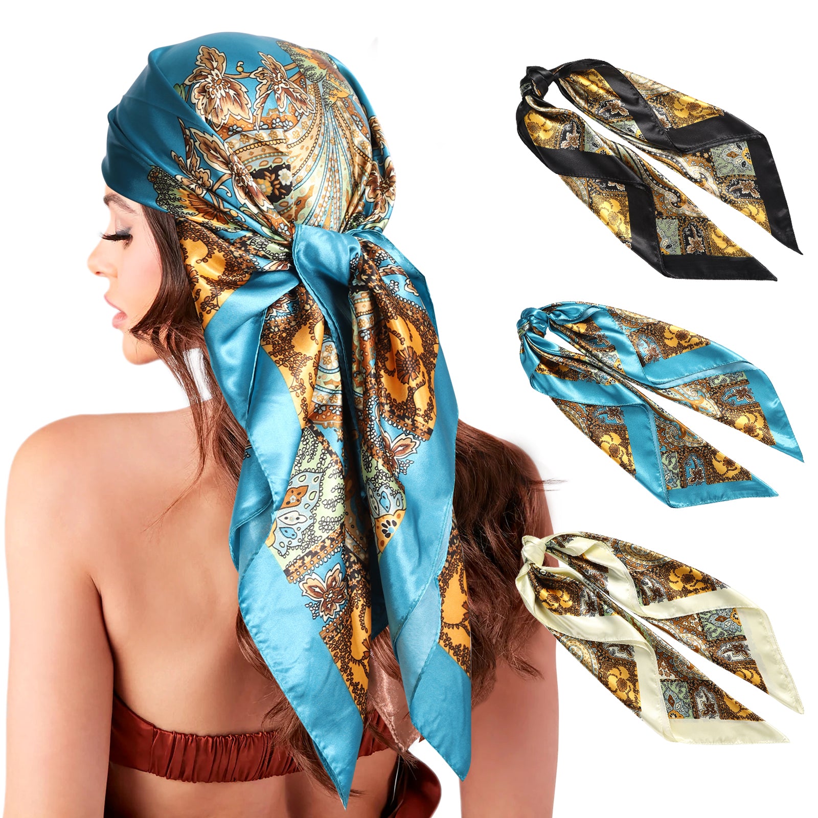 35” Large Square Satin Head Scarf - 3Pcs Satin Hair Scarves Silk Bandana Scarf Headscarf Silk Feeling Scarf for Women