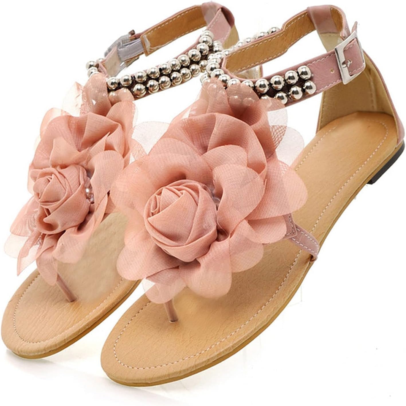 Ankle Strap Sandals for Women Fashion Flower Studded Metal Buckle Thong Flat Sandals Summer Casual Outdoor Shoes