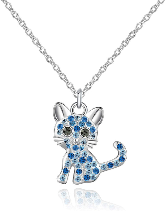 Girls Cat Birthstone Necklaces Jewelry,Silver Plated Kitty Dog Pendant Gifts Set for Women Boys Men