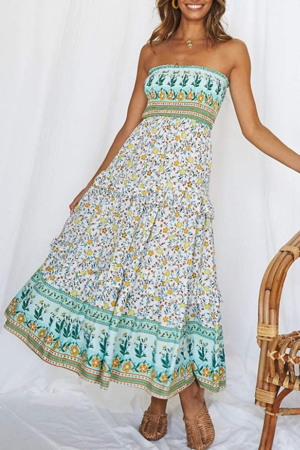 Women'S Summer Bohemian Floral Printed Strapless Beach Party Long Maxi Dress